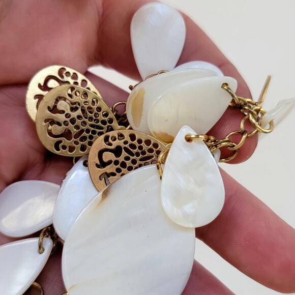 Boho Shell and Gold Tone Necklace with Teardrop Charms Statement Beach Jewelry - Picture 9 of 10